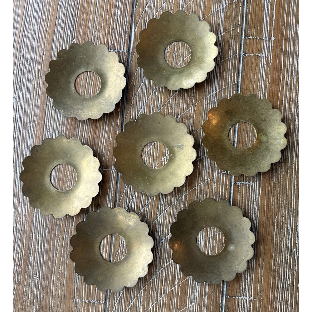 Set Of 7 Vtg Brass Bobeches Candle Drip Catchers Scalloped 2.75”